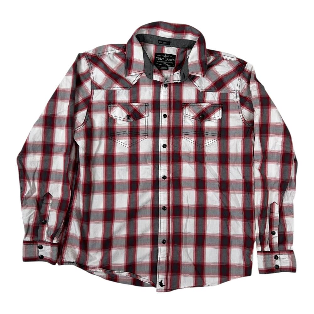 Cody James Shirt Mens Large Red Gray Plaid Western Snap Front Long Sleeve
